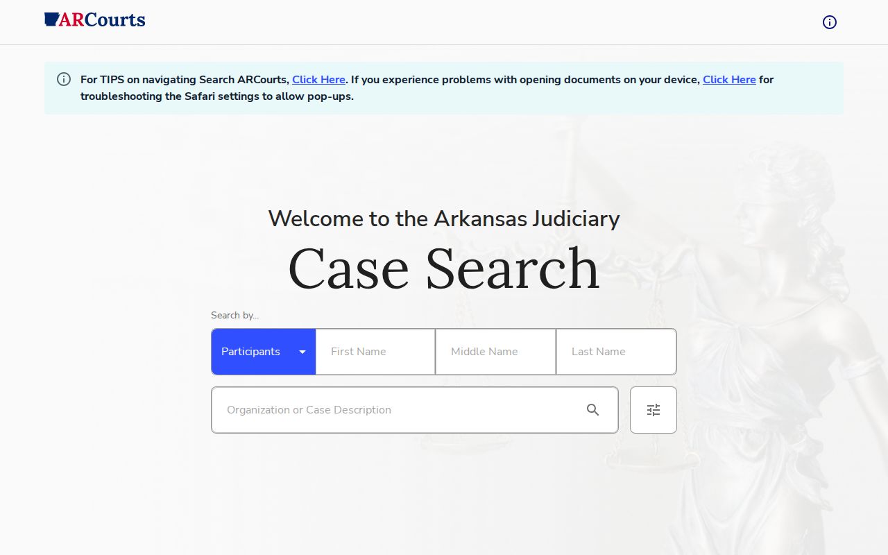 SearchARCourts interface used to research Hempstead County public dockets