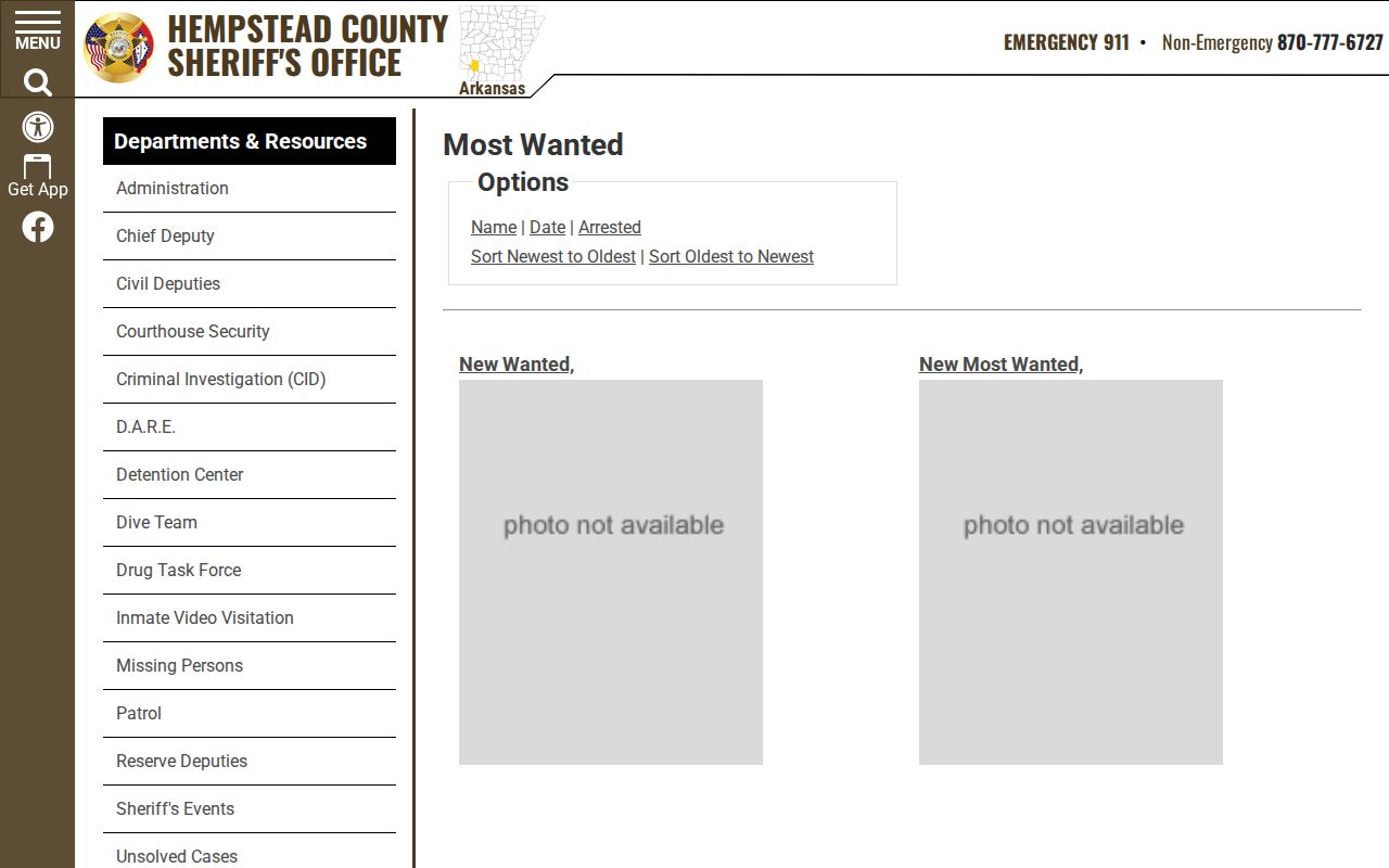 Hempstead County Sheriff's Office curated Most Wanted search controls