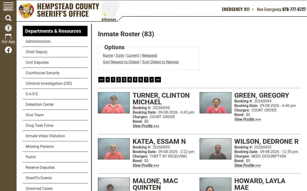 Hempstead County inmate roster interface showing custody record fields without personal entries