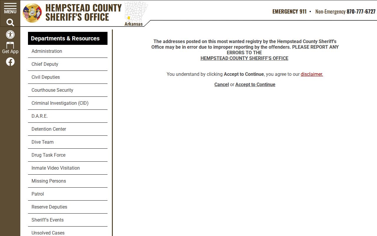 Hempstead County Most Wanted accuracy and reliance disclaimer